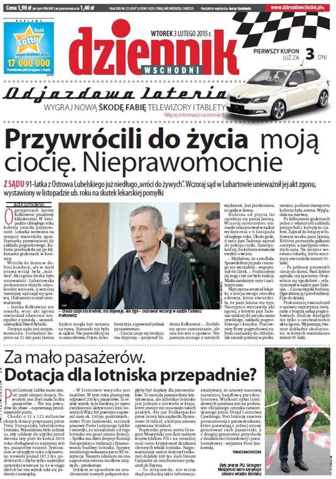 Pierwsza strona Dziennika Wschodniego, wydanie z 3 lutego 2015 roku