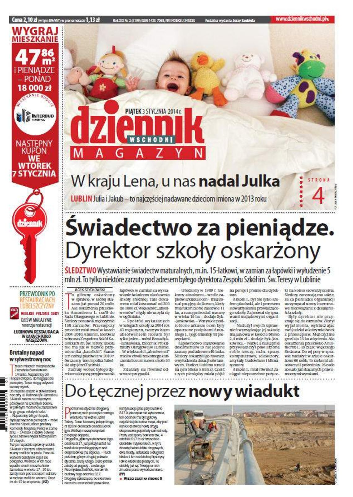 Pierwsza strona Dziennika Wschodniego, wydanie z 3 stycznia 2014 roku