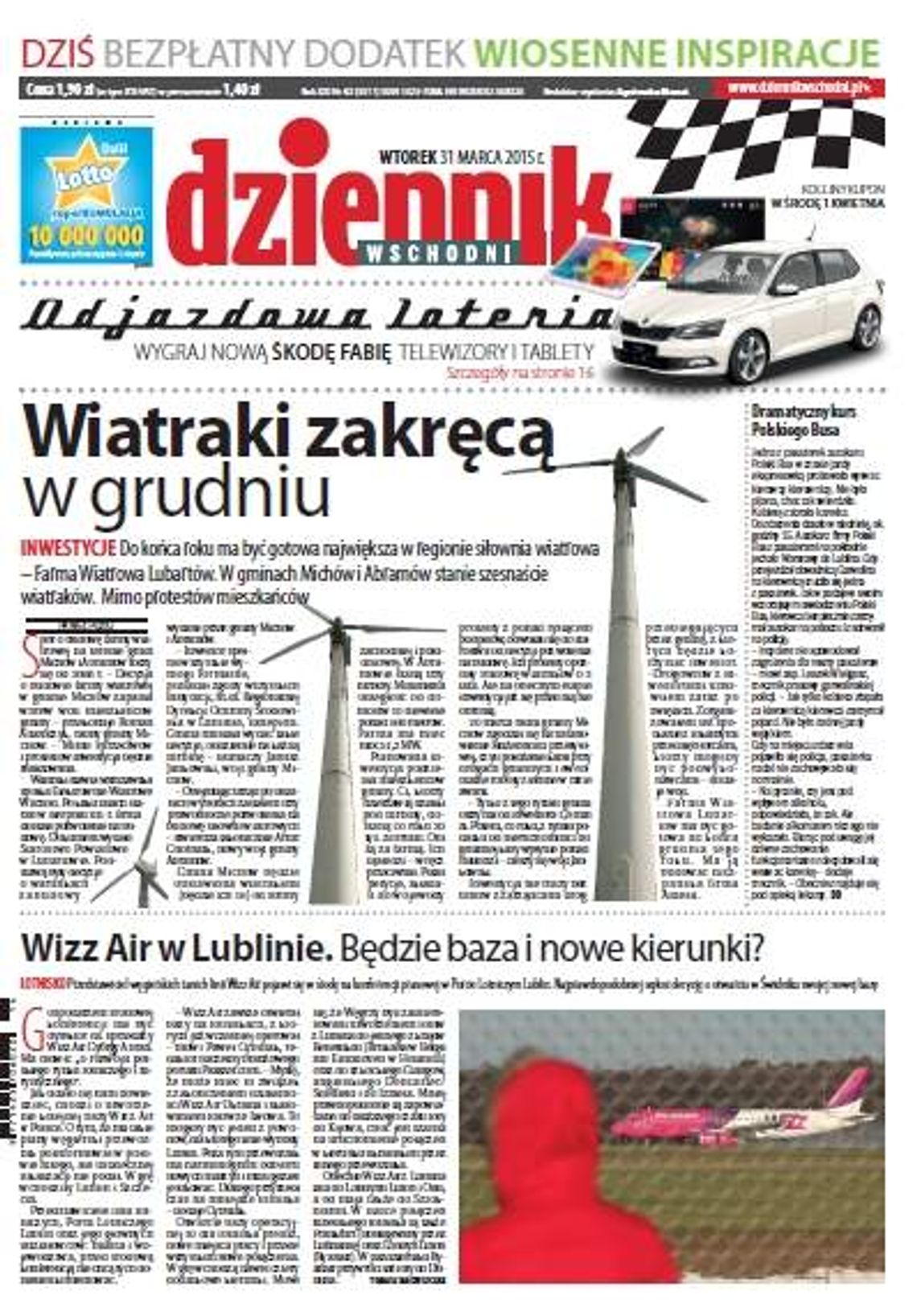 Pierwsza strona Dziennika Wschodniego, wydanie z 31 marca 2015 roku