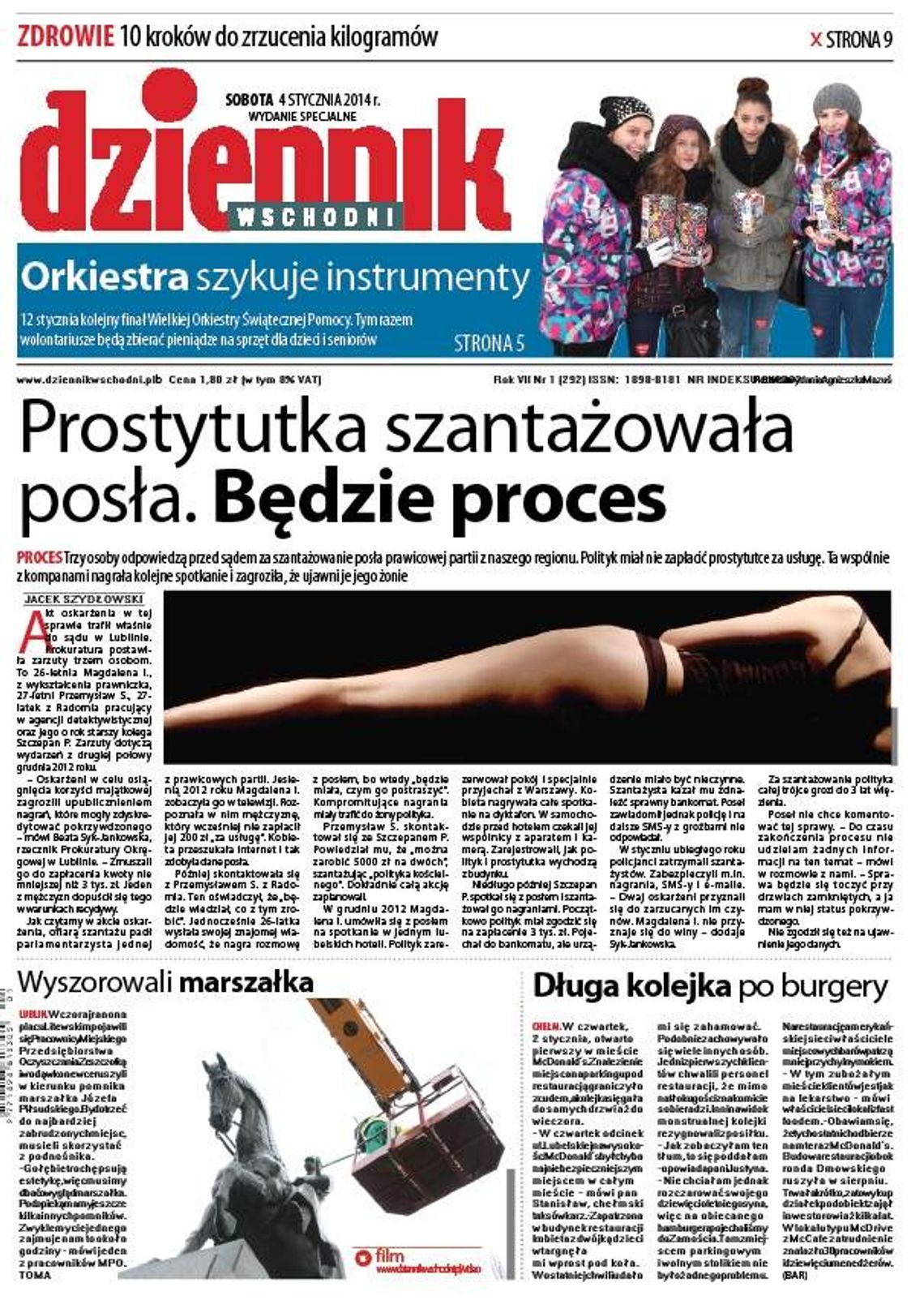 Pierwsza strona Dziennika Wschodniego, wydanie z 4 stycznia 2014 roku