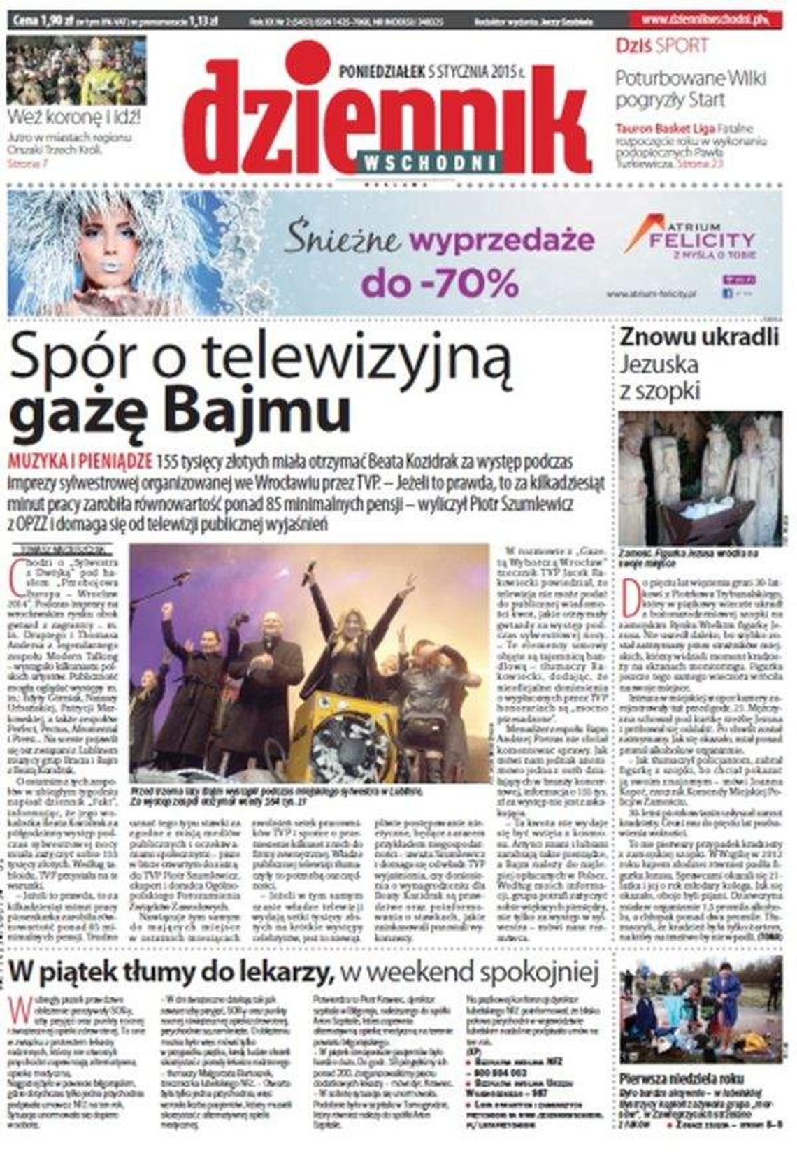 Pierwsza strona Dziennika Wschodniego, wydanie z 5 stycznia 2015 roku