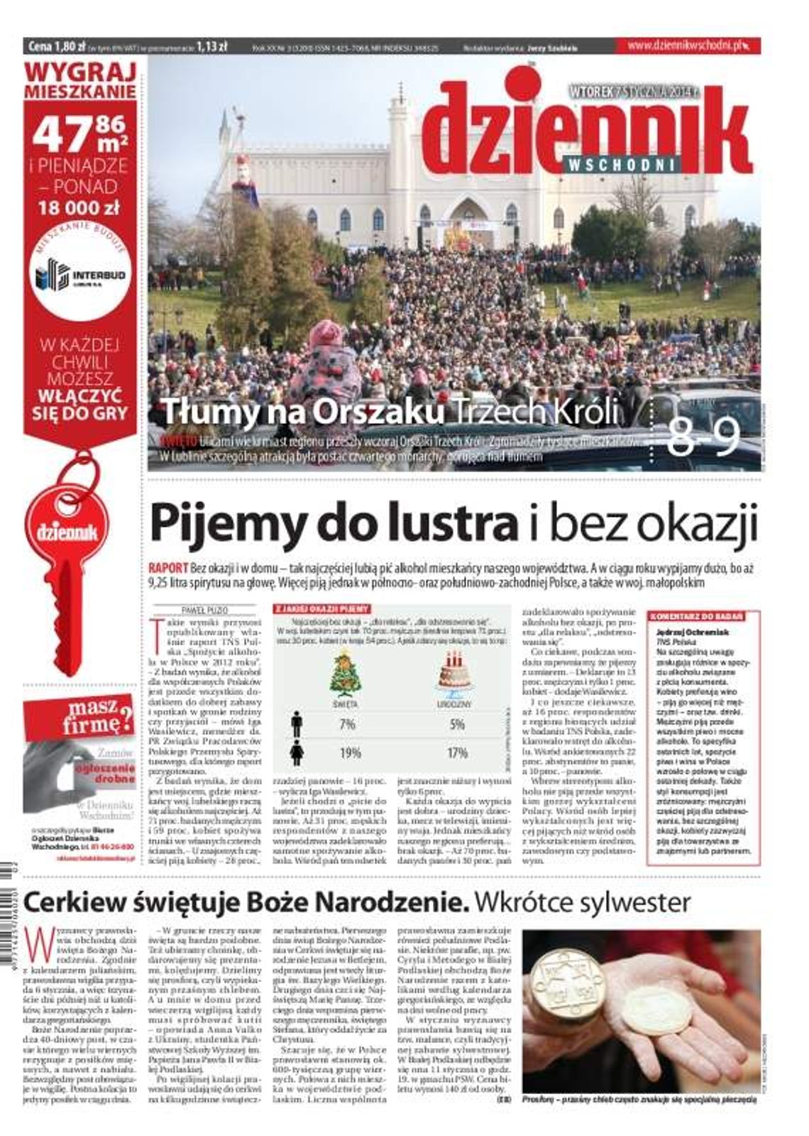 Pierwsza strona Dziennika Wschodniego, wydanie z 7 stycznia 2014 roku