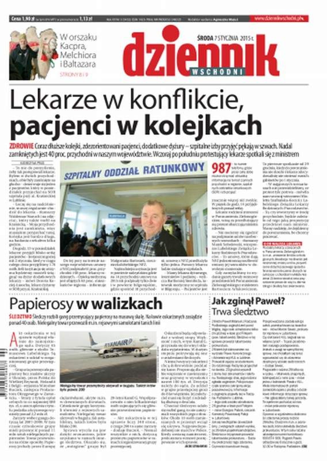 Pierwsza strona Dziennika Wschodniego, wydanie z 7 stycznia 2015 roku