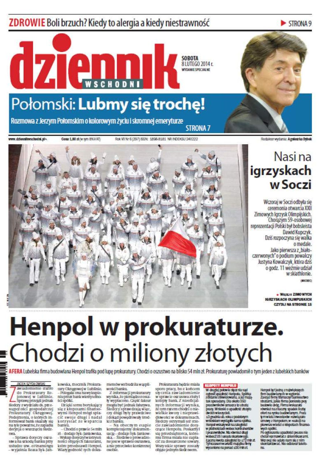 Pierwsza strona Dziennika Wschodniego, wydanie z 8 lutego 2014 roku