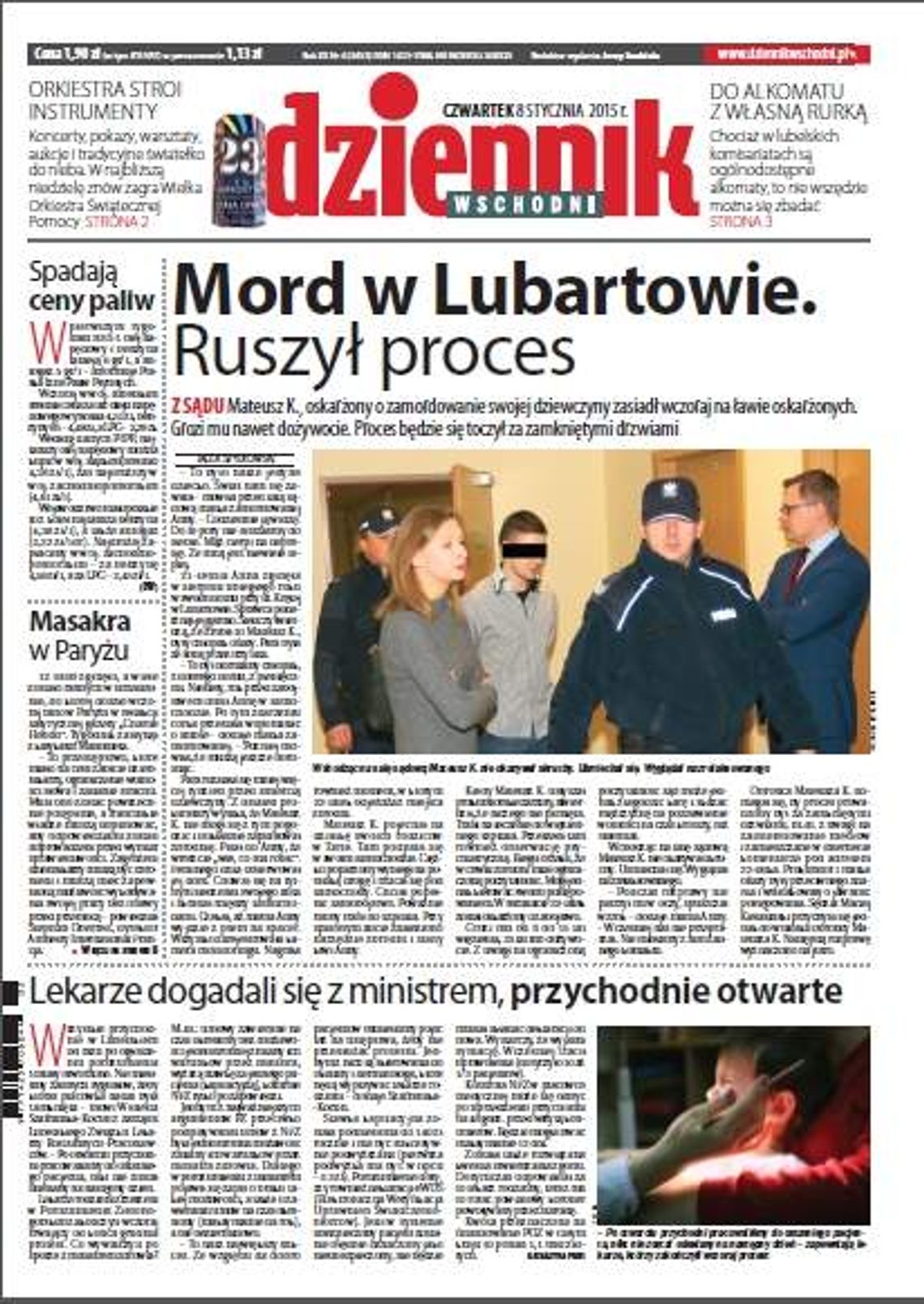 Pierwsza strona Dziennika Wschodniego, wydanie z 8 stycznia 2015 roku