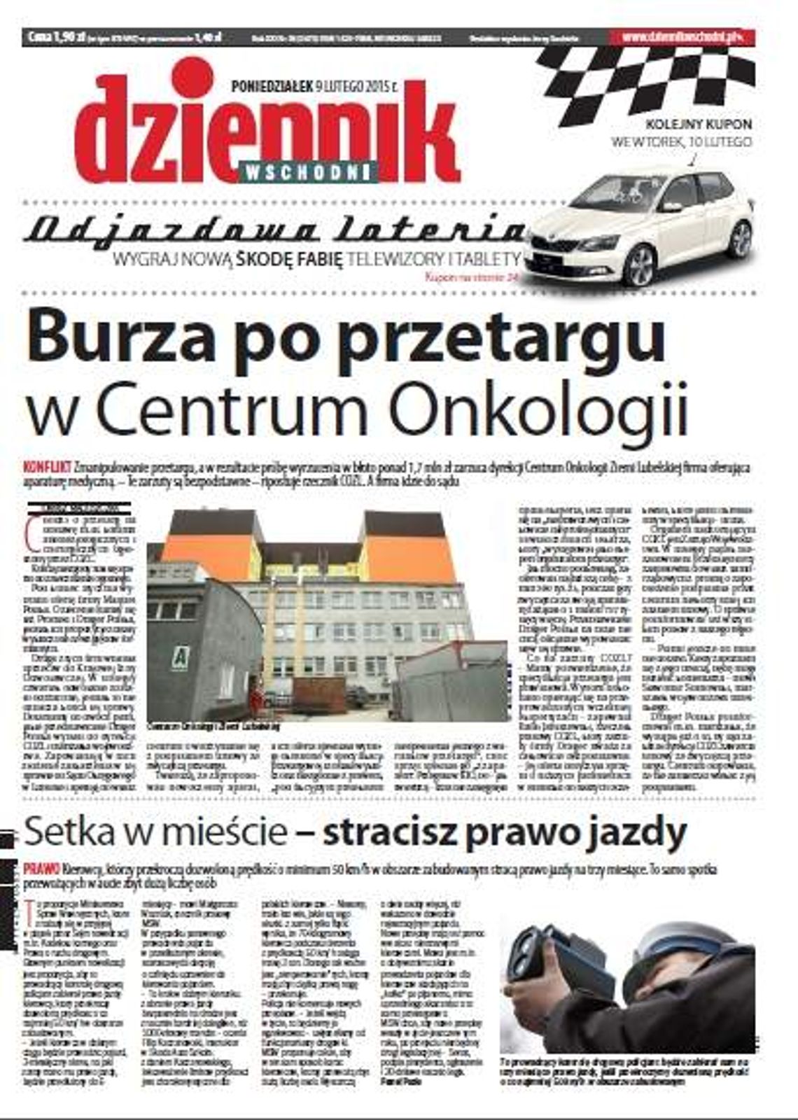 Pierwsza strona Dziennika Wschodniego, wydanie z 9 lutego 2015 roku