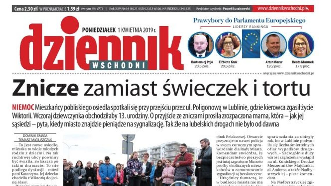 Pierwsza strona Dziennika Wschodniego z 1 kwietnia 2019 r.