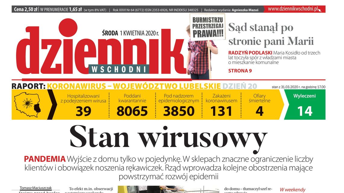 Pierwsza strona Dziennika Wschodniego z 1 kwietnia 2020 r.
