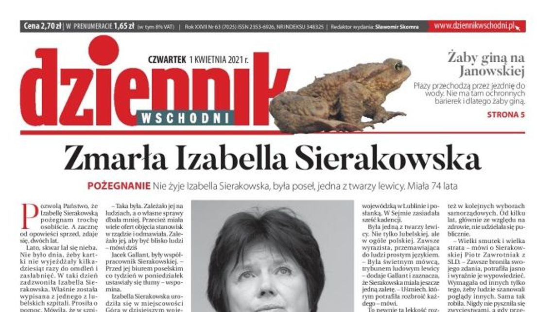 Pierwsza strona Dziennika Wschodniego z 1 kwietnia 2021 r.