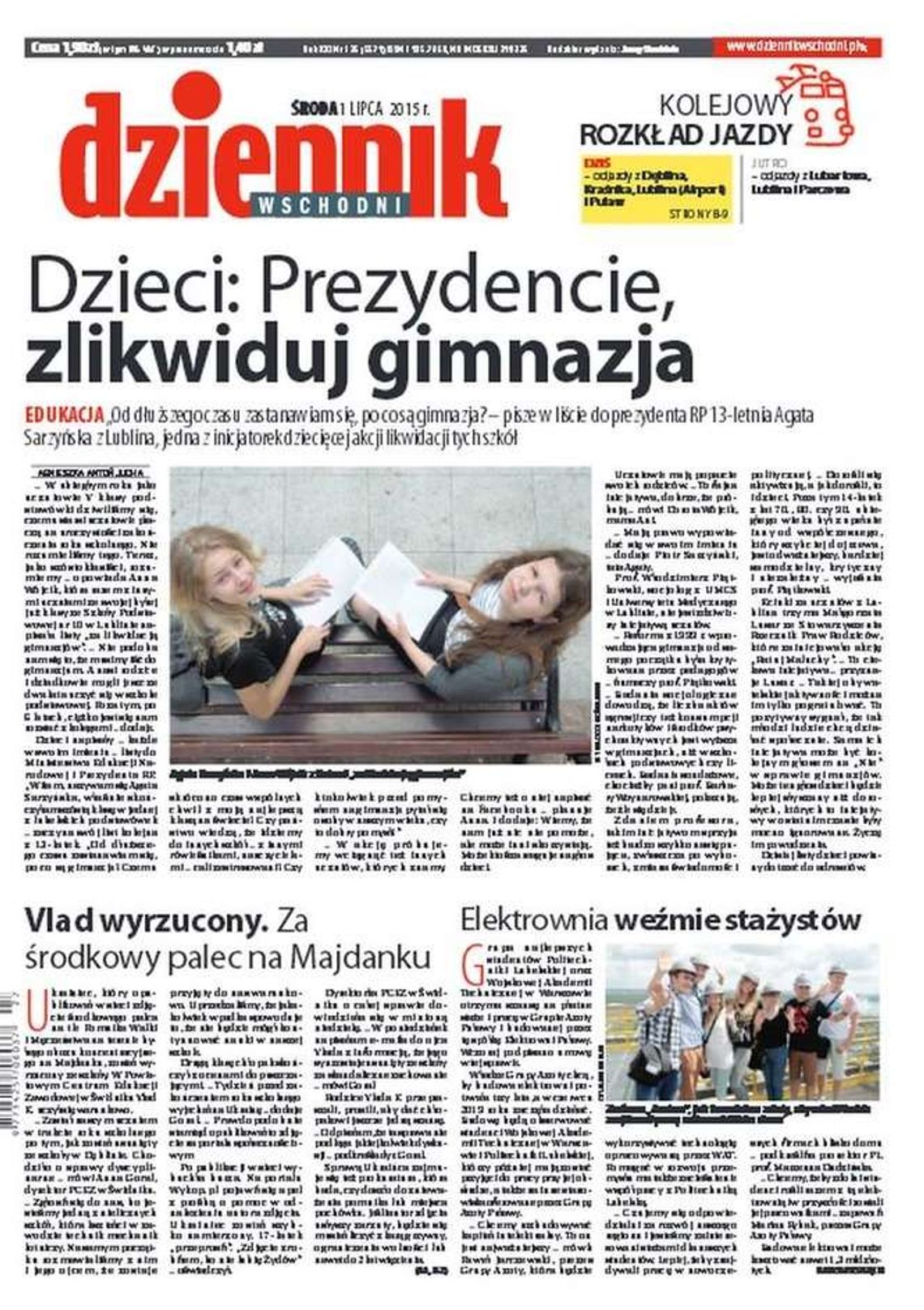 Pierwsza strona Dziennika Wschodniego z 1 lipca 2015