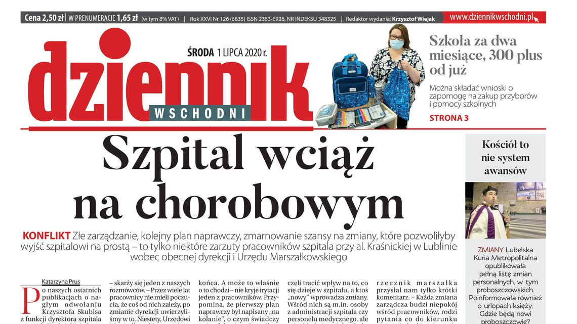 Pierwsza strona Dziennika Wschodniego z 1 lipca 2020 r.