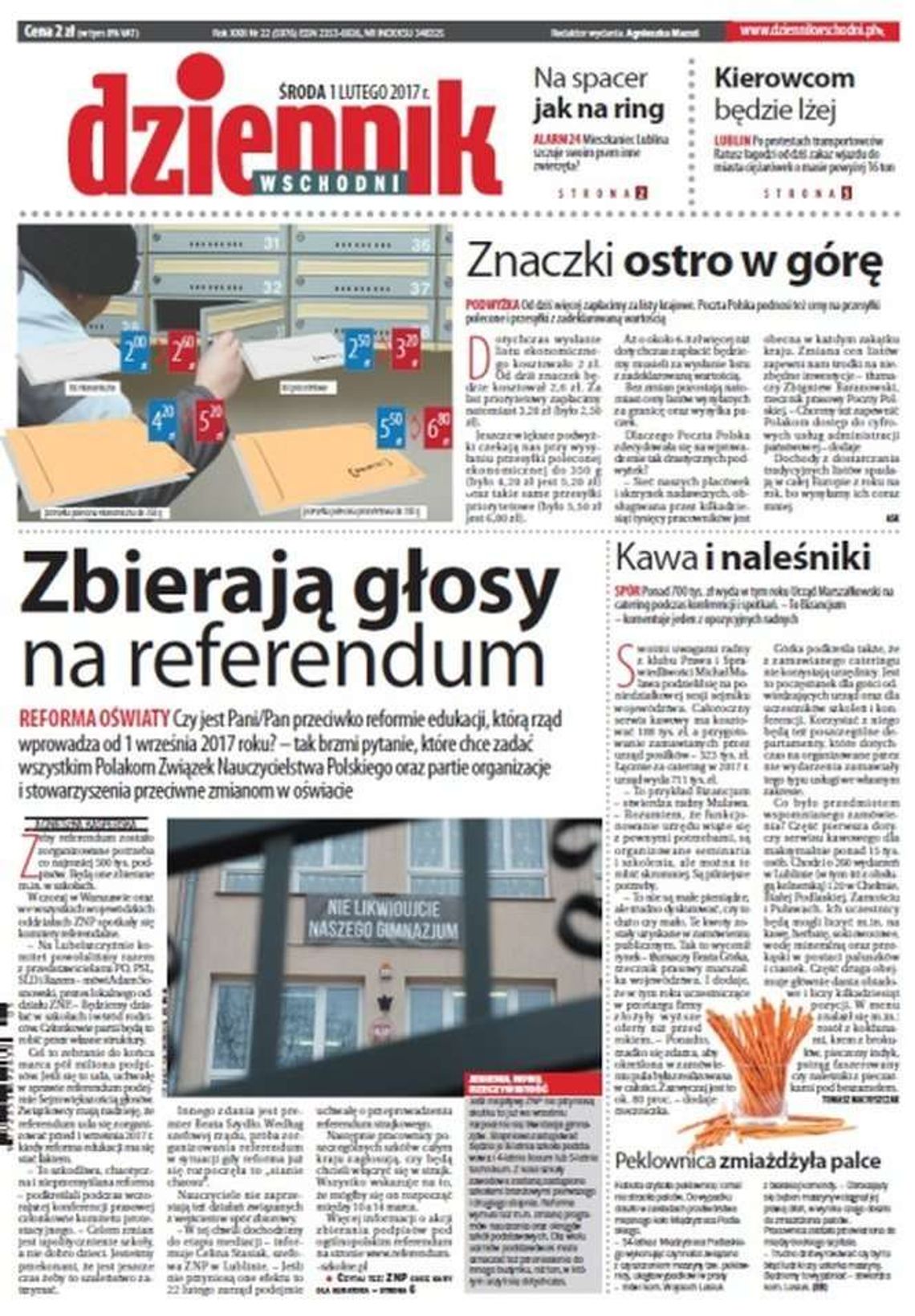 Pierwsza strona Dziennika Wschodniego z 1 lutego 2017 roku