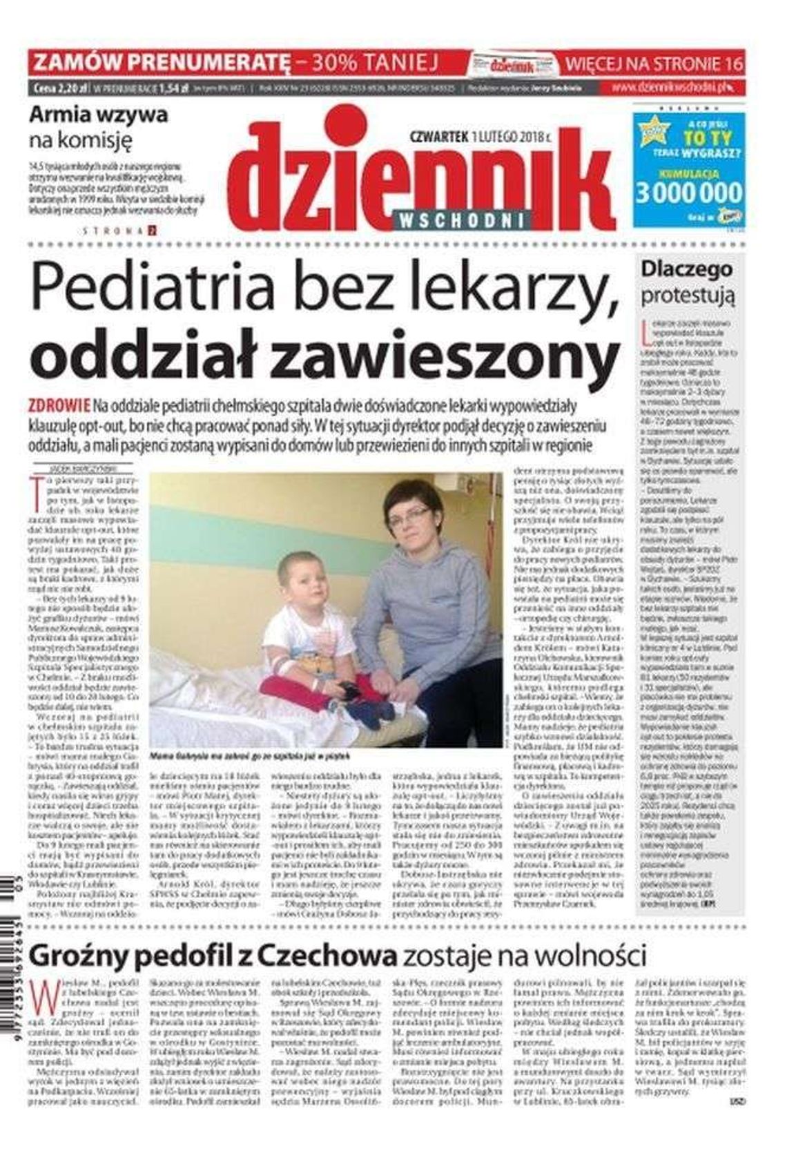 Pierwsza strona Dziennika Wschodniego z 1 lutego 2018 r.