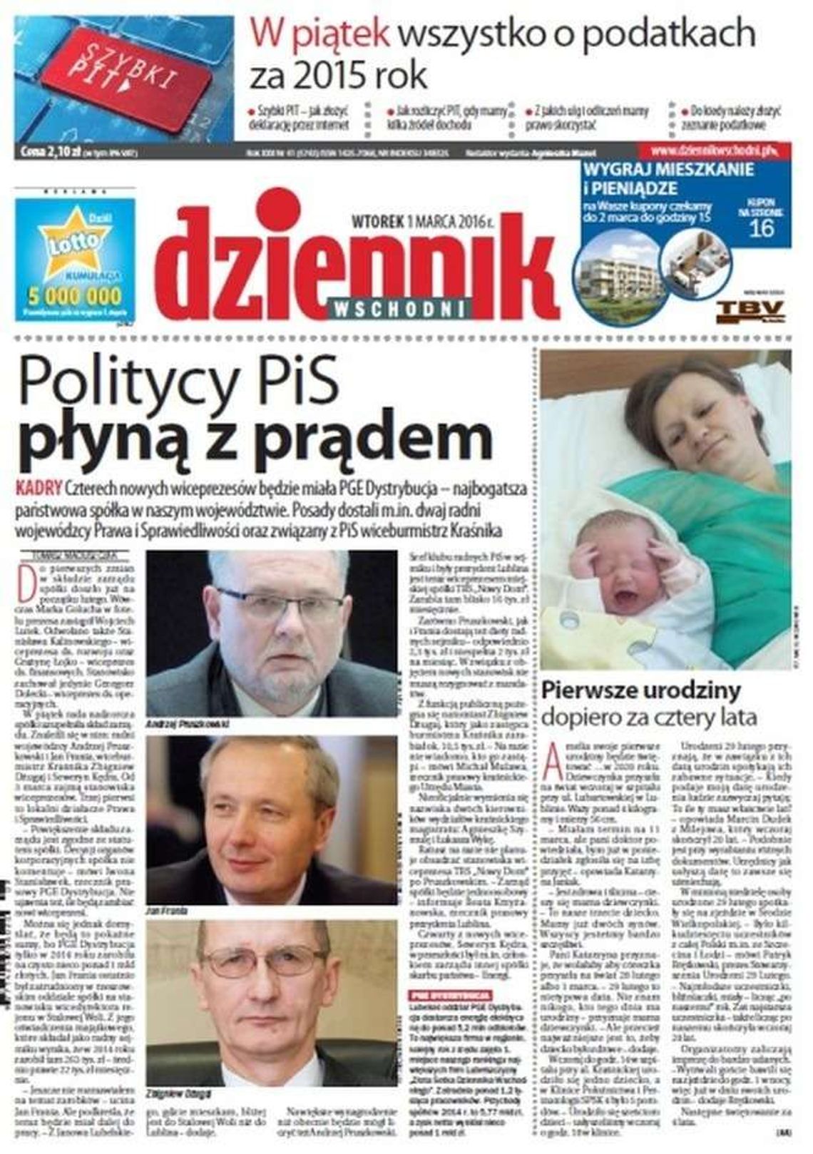 Pierwsza strona Dziennika Wschodniego z 1 marca 2016 roku