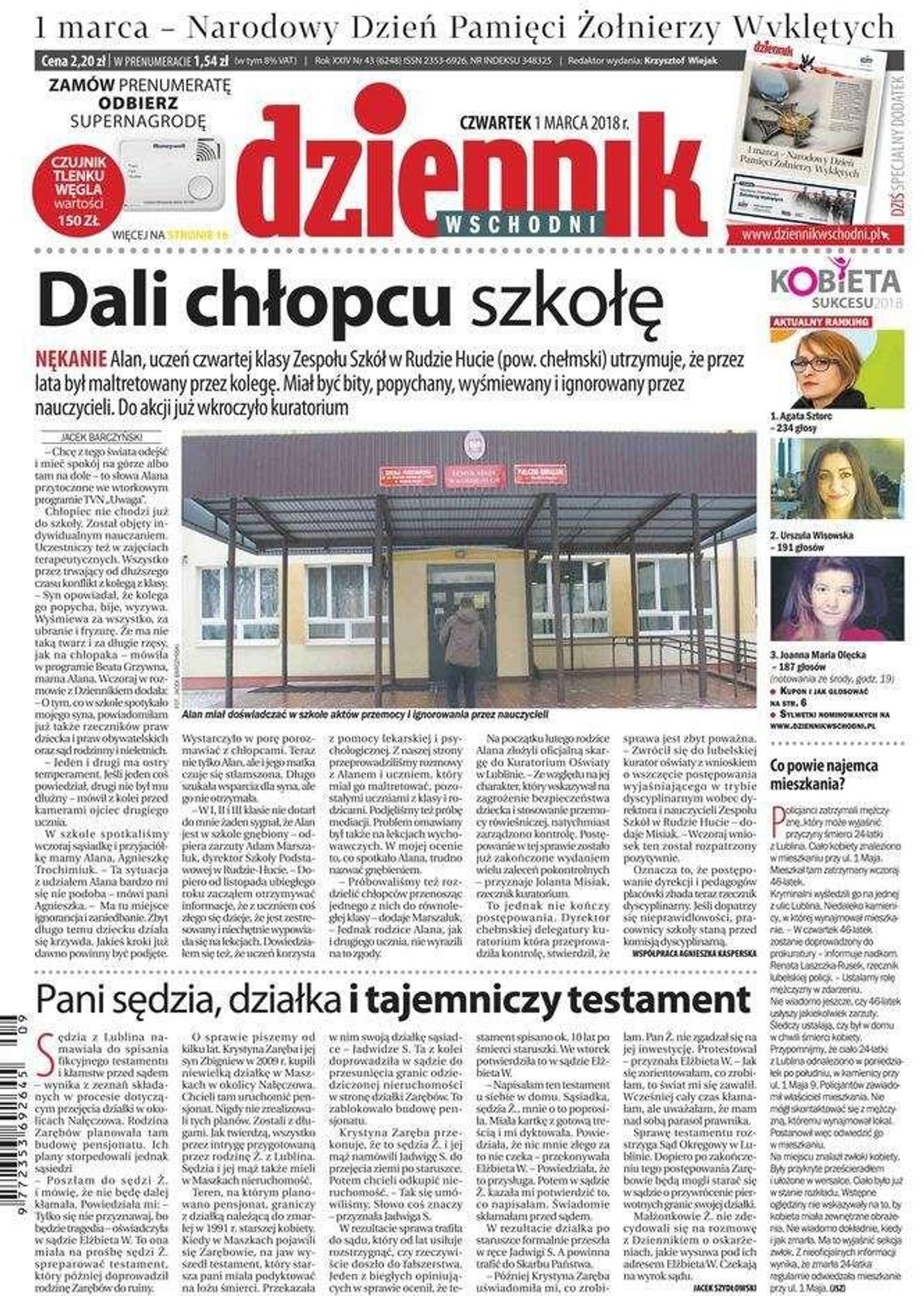 Pierwsza strona Dziennika Wschodniego z 1 marca 2018