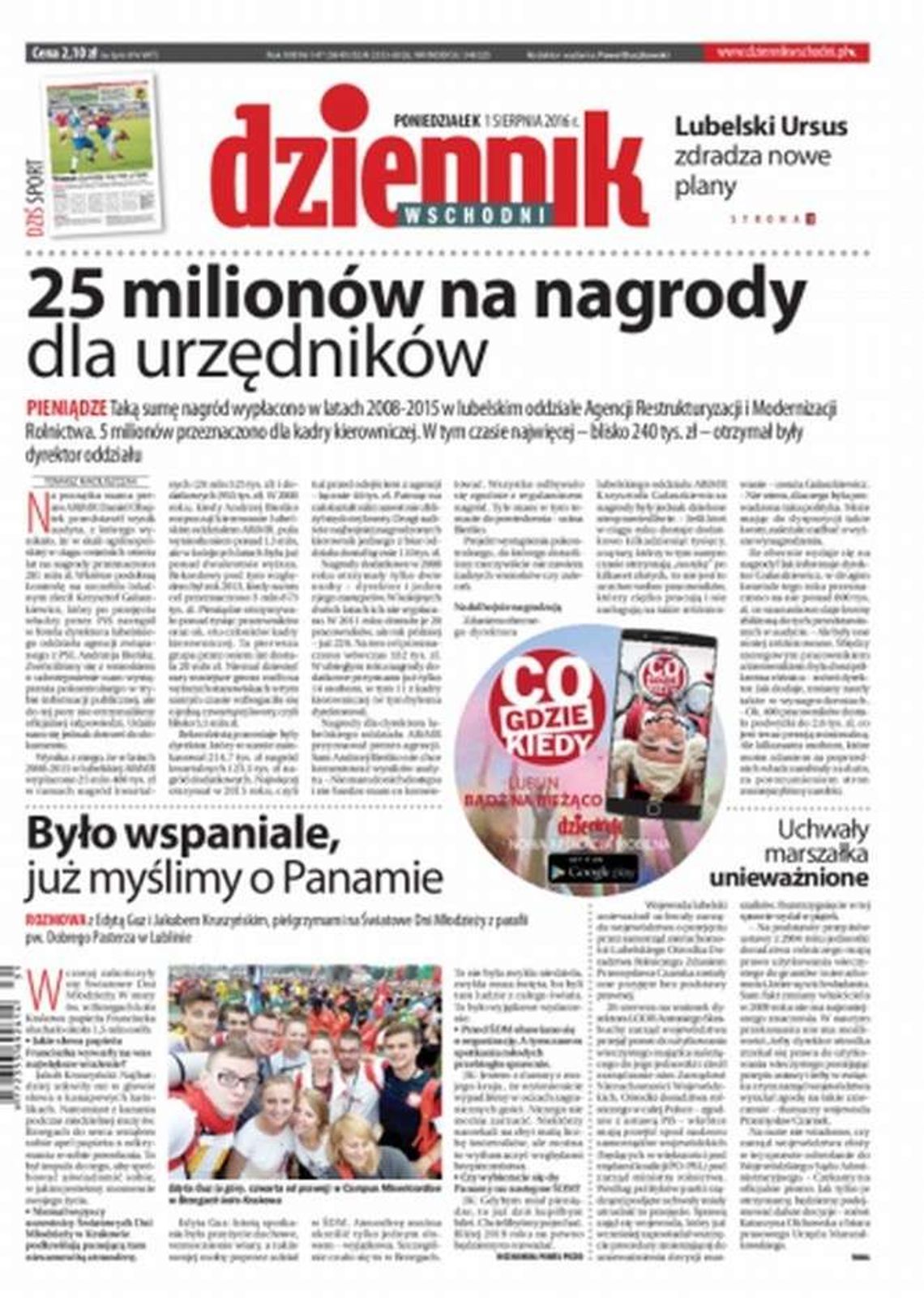 Pierwsza strona Dziennika Wschodniego z 1 sierpnia 2016 r.