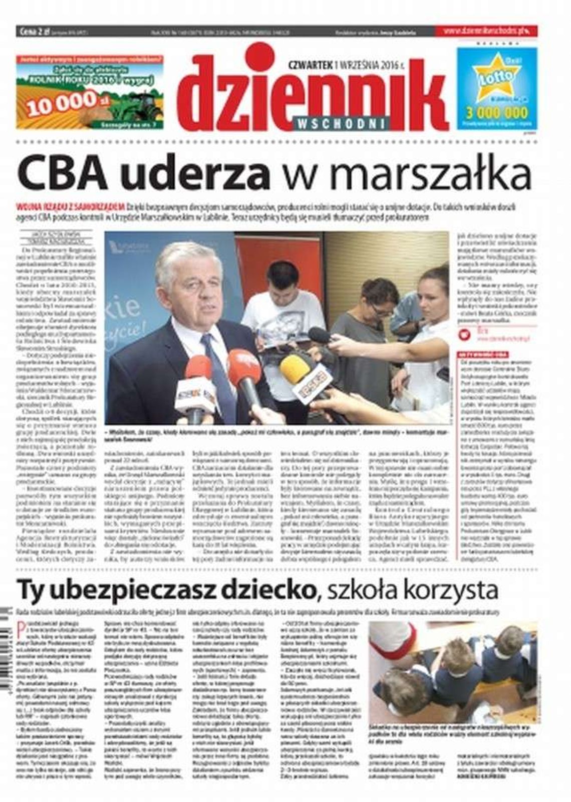 Pierwsza strona Dziennika Wschodniego z 1 września 2016 r.