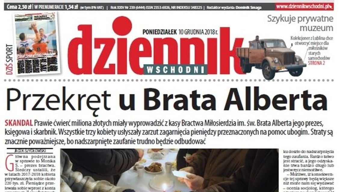 Pierwsza strona Dziennika Wschodniego z 10 grudnia 2018 roku