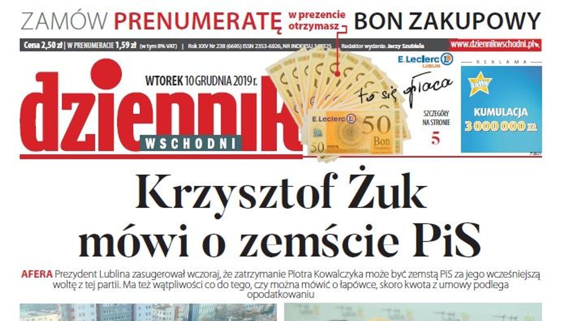Pierwsza strona Dziennika Wschodniego z 10 grudnia 2019 r.