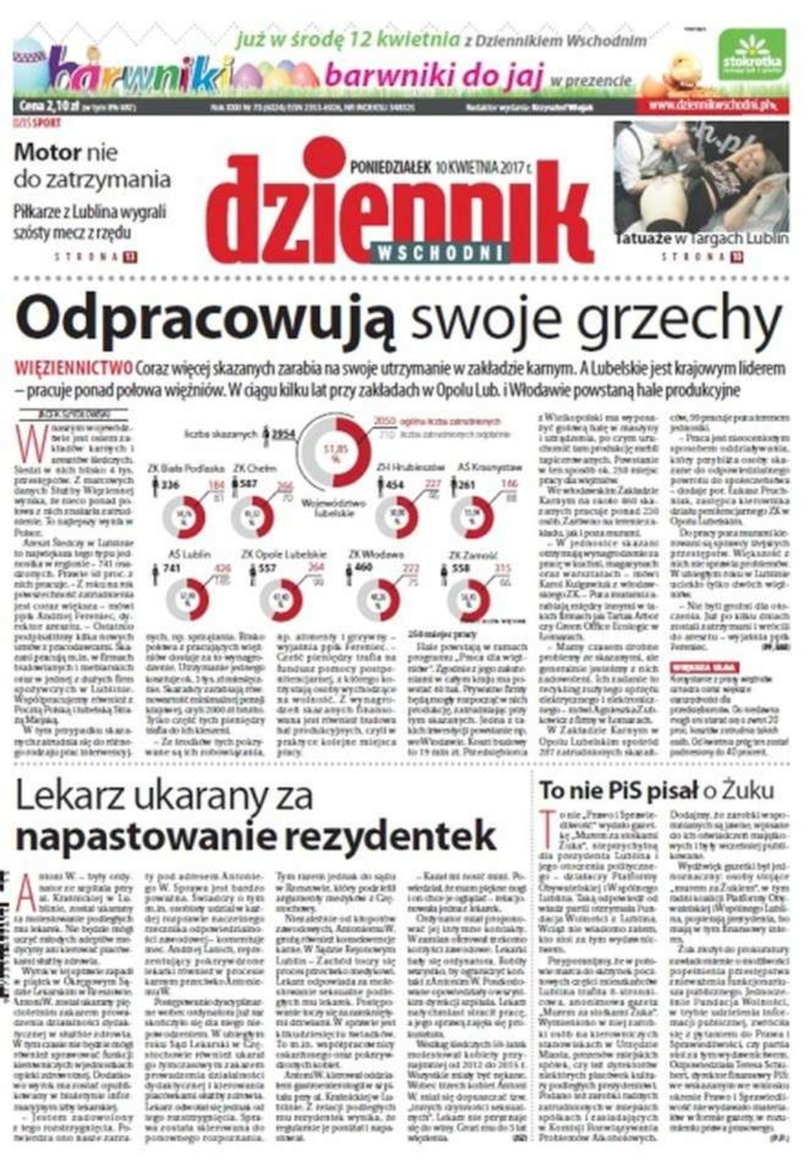 Pierwsza strona Dziennika Wschodniego z 10 kwietnia 2017 roku