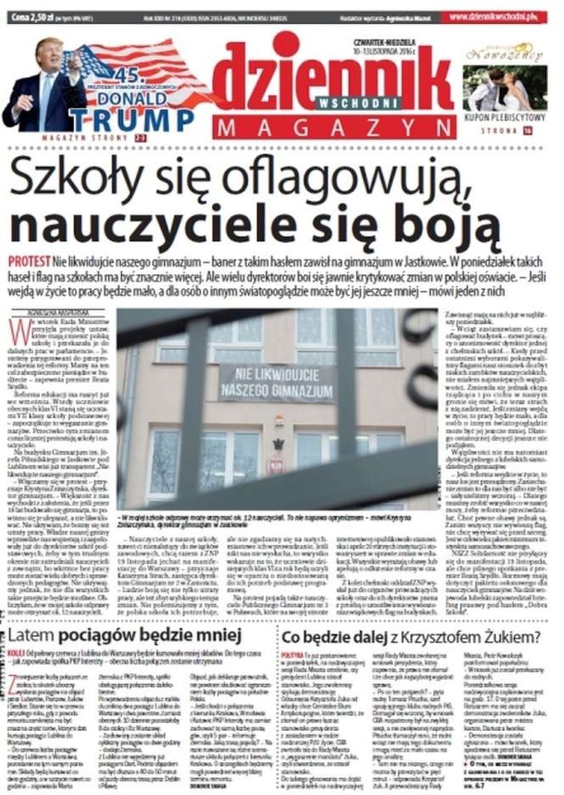 Pierwsza strona Dziennika Wschodniego z 10 listopada 2016 roku