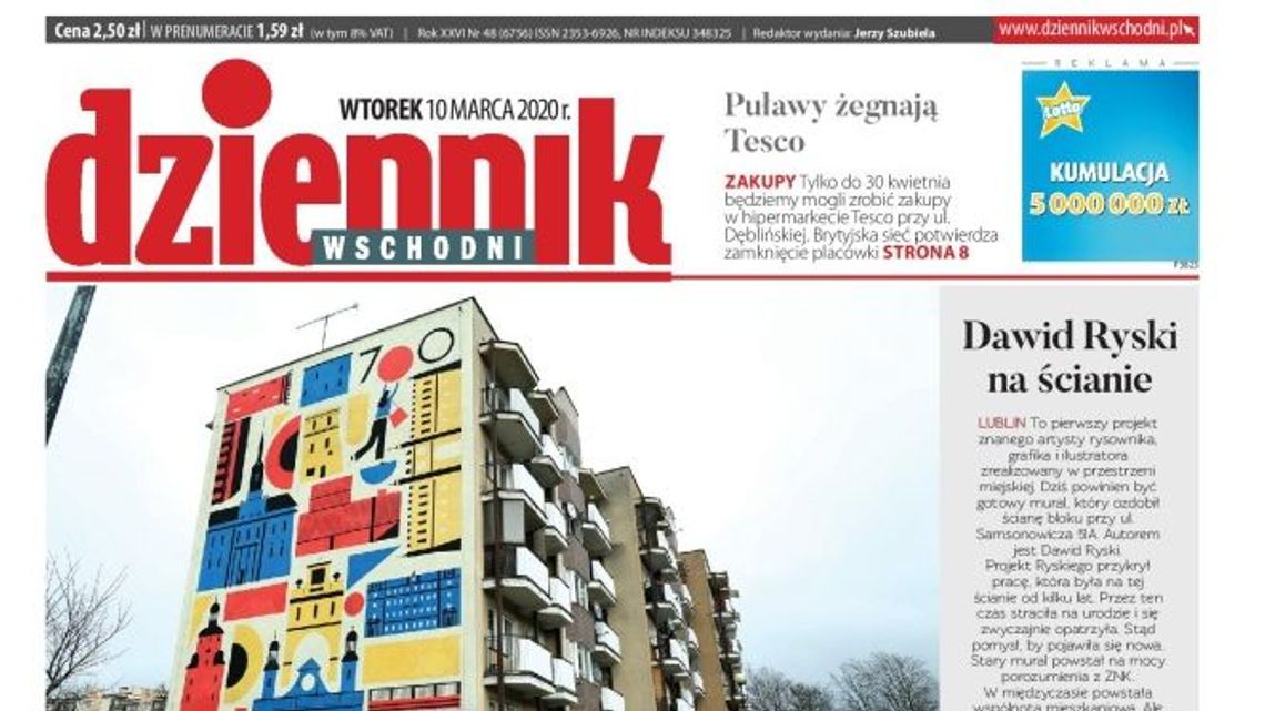 Pierwsza strona Dziennika Wschodniego z 10 marca 2020 r.  