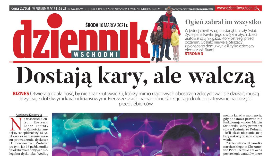 Pierwsza strona Dziennika Wschodniego z 10 marca 2021 roku