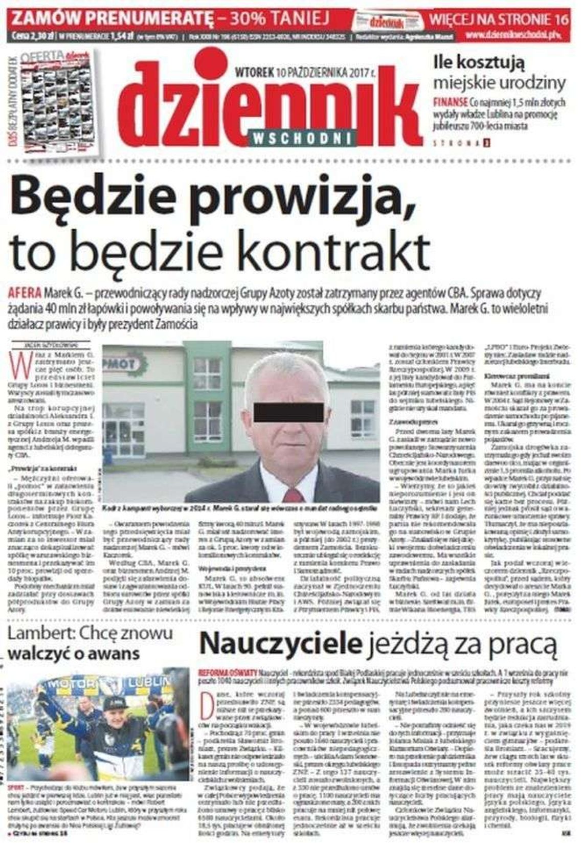 Pierwsza strona Dziennika Wschodniego z 10 października 2017 roku