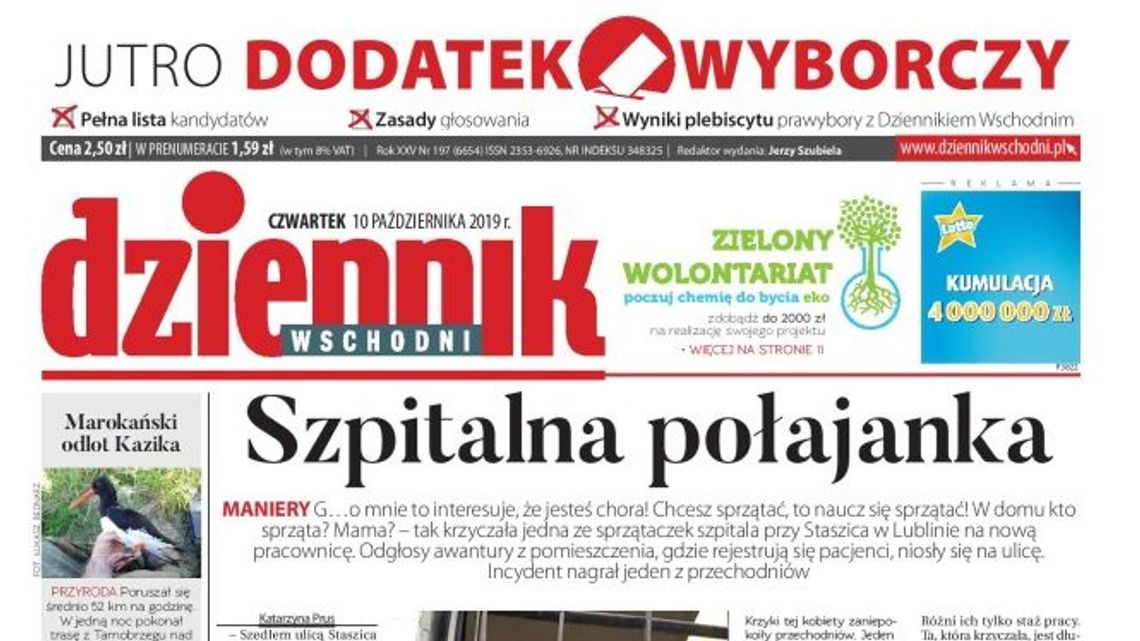 Pierwsza strona Dziennika Wschodniego z 10 października 2019 r.