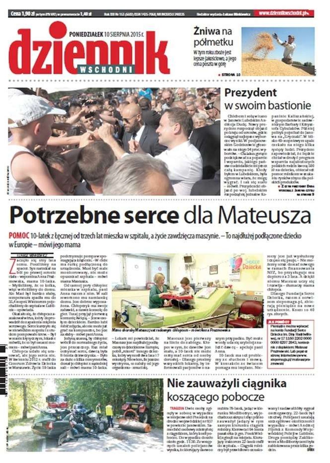 Pierwsza strona Dziennika Wschodniego z 10 sierpnia 2015