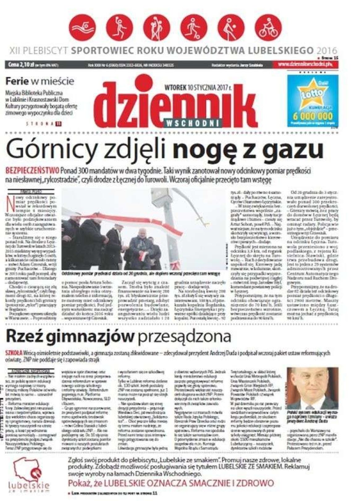 Pierwsza strona Dziennika Wschodniego z 10 stycznia 2017 roku