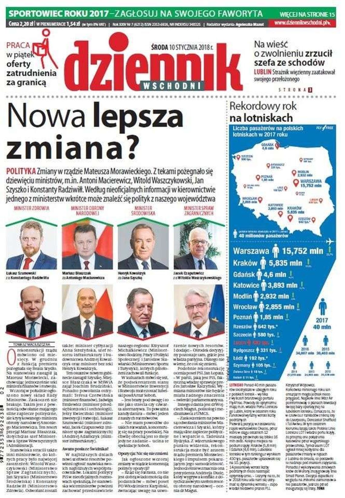 Pierwsza strona Dziennika Wschodniego z 10 stycznia 2018 roku