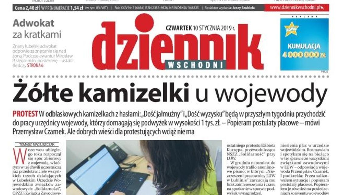 Pierwsza strona Dziennika Wschodniego z 10 stycznia 2019 r.