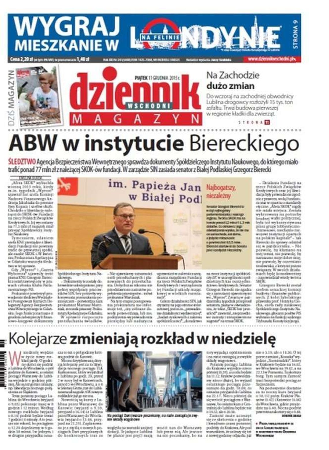 Pierwsza strona Dziennika Wschodniego z 11 grudnia 2015 roku