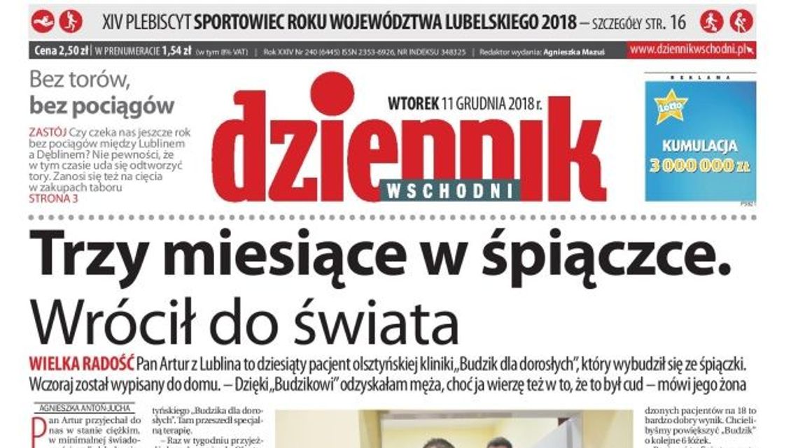 Pierwsza strona Dziennika Wschodniego z 11 grudnia 2018 r.