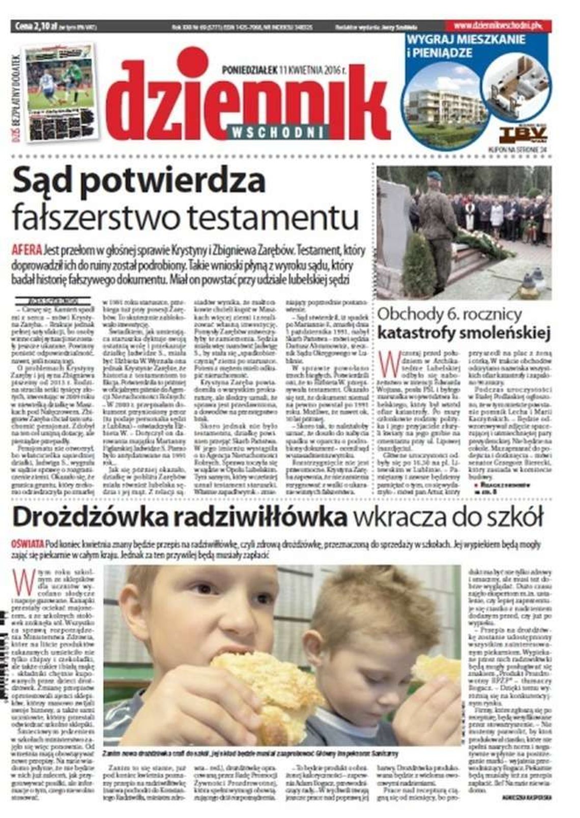 Pierwsza strona Dziennika Wschodniego z 11 kwietnia 2016 roku