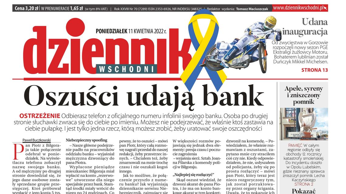  Pierwsza strona Dziennika Wschodniego z 11 kwietnia 2022 roku 