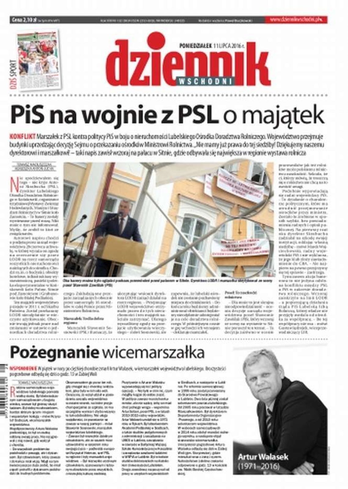 Pierwsza strona Dziennika Wschodniego z 11 lipca 2016 r.