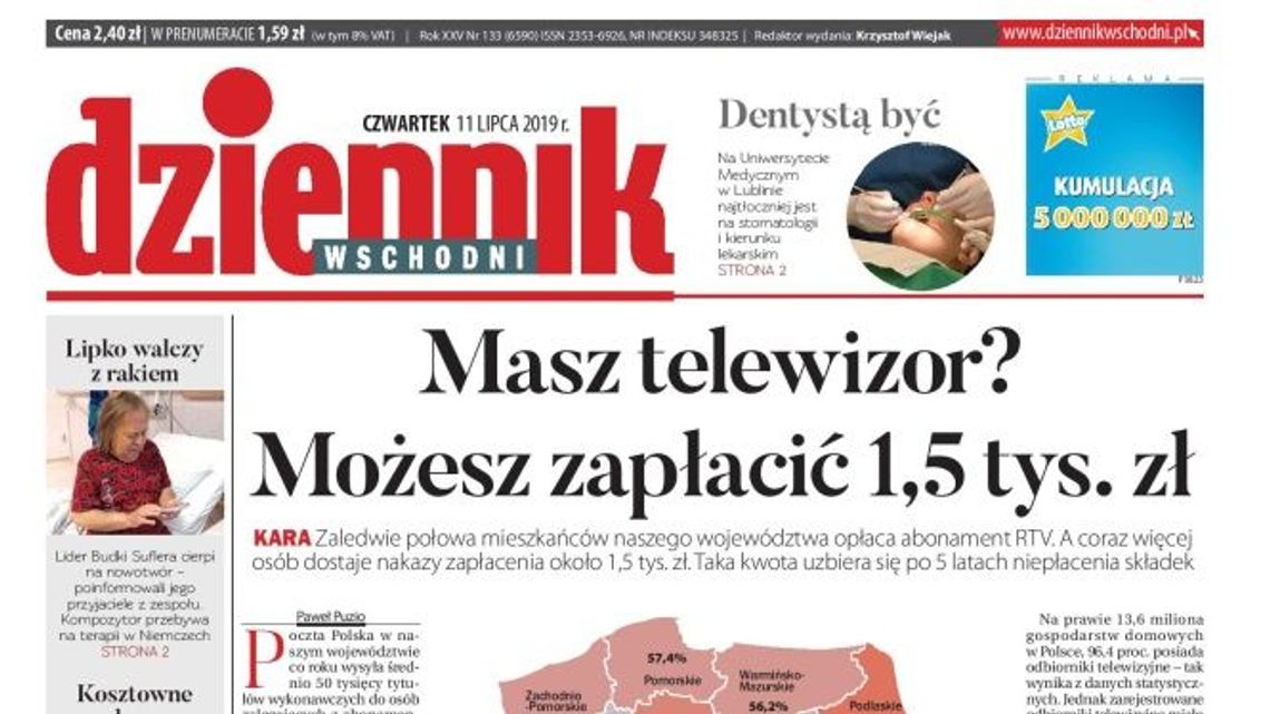 Pierwsza strona Dziennika Wschodniego z 11 lipca 2019 r.