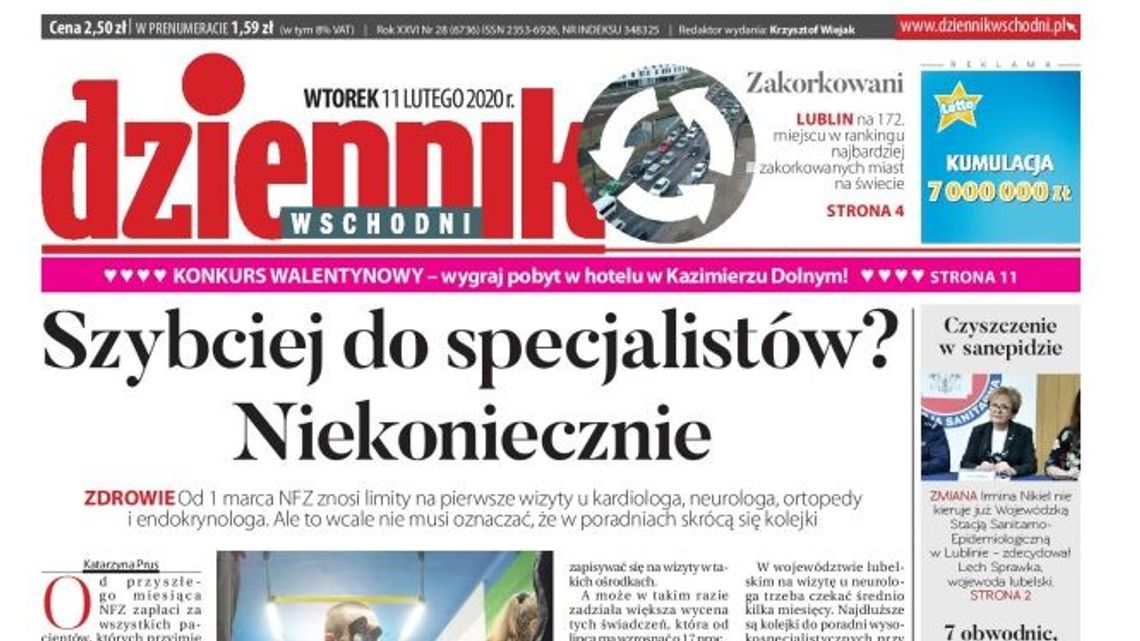 Pierwsza strona Dziennika Wschodniego z 11 lutego 2020 r.