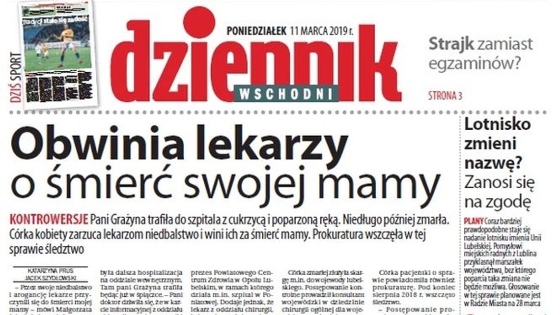 Pierwsza strona Dziennika Wschodniego z 11 marca 2019 roku