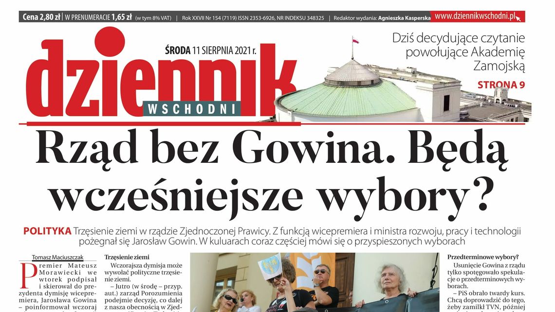 Pierwsza strona Dziennika Wschodniego z 11 sierpnia 2021 roku