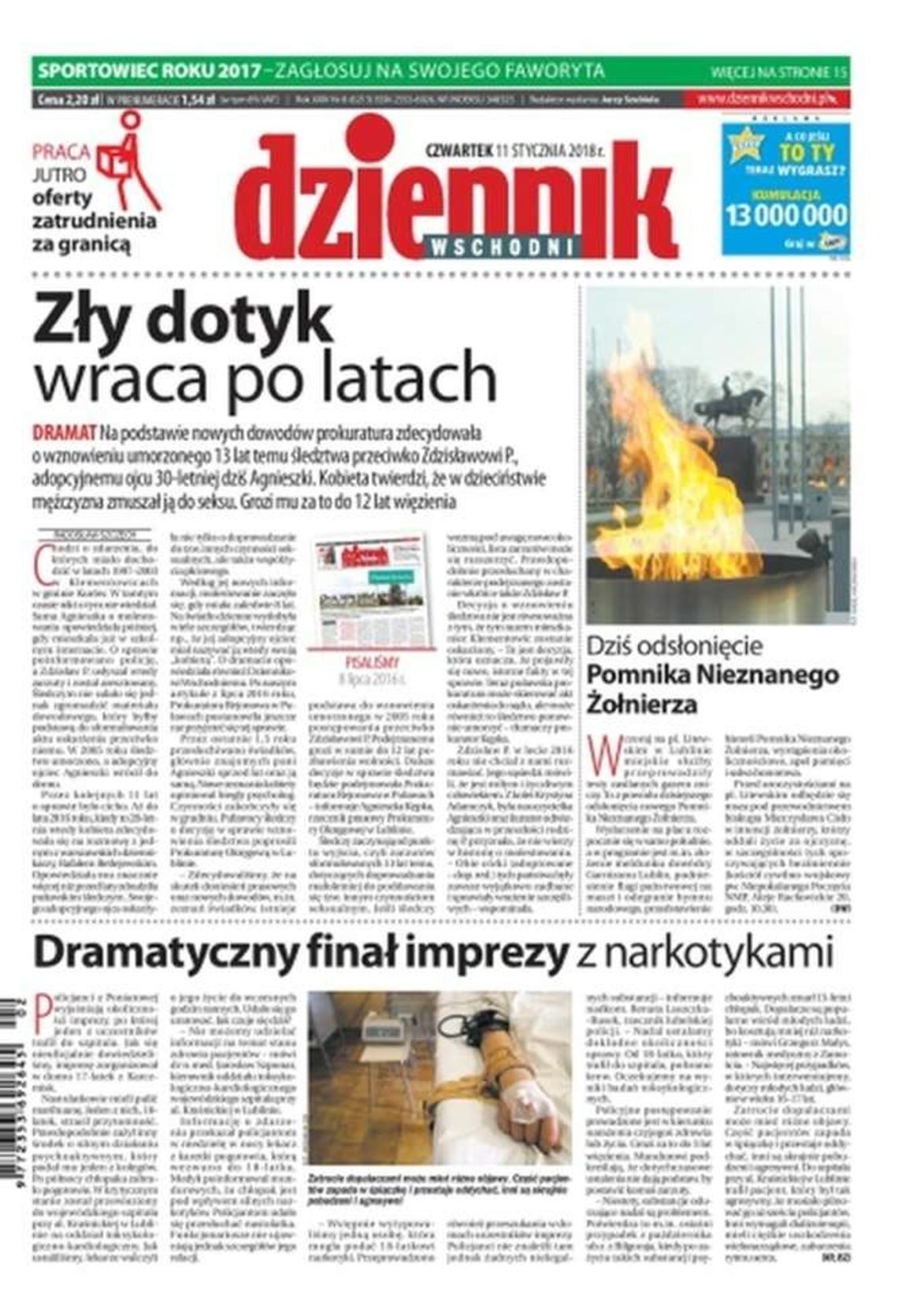 Pierwsza strona Dziennika Wschodniego z 11 stycznia 2018 r.