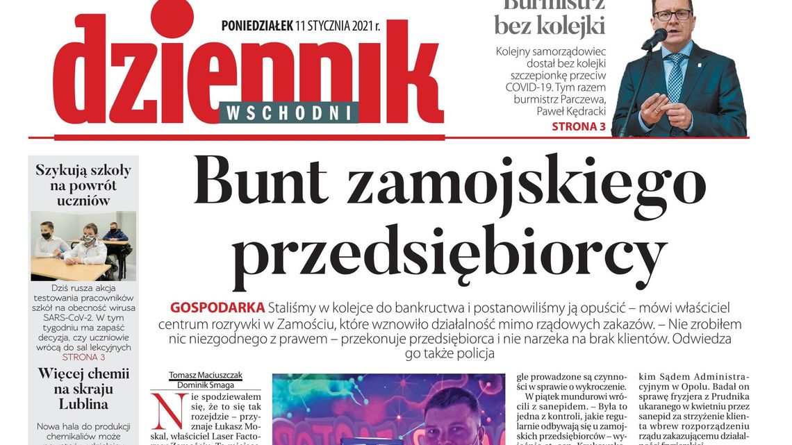 Pierwsza strona Dziennika Wschodniego z 11 stycznia 2021 r. 