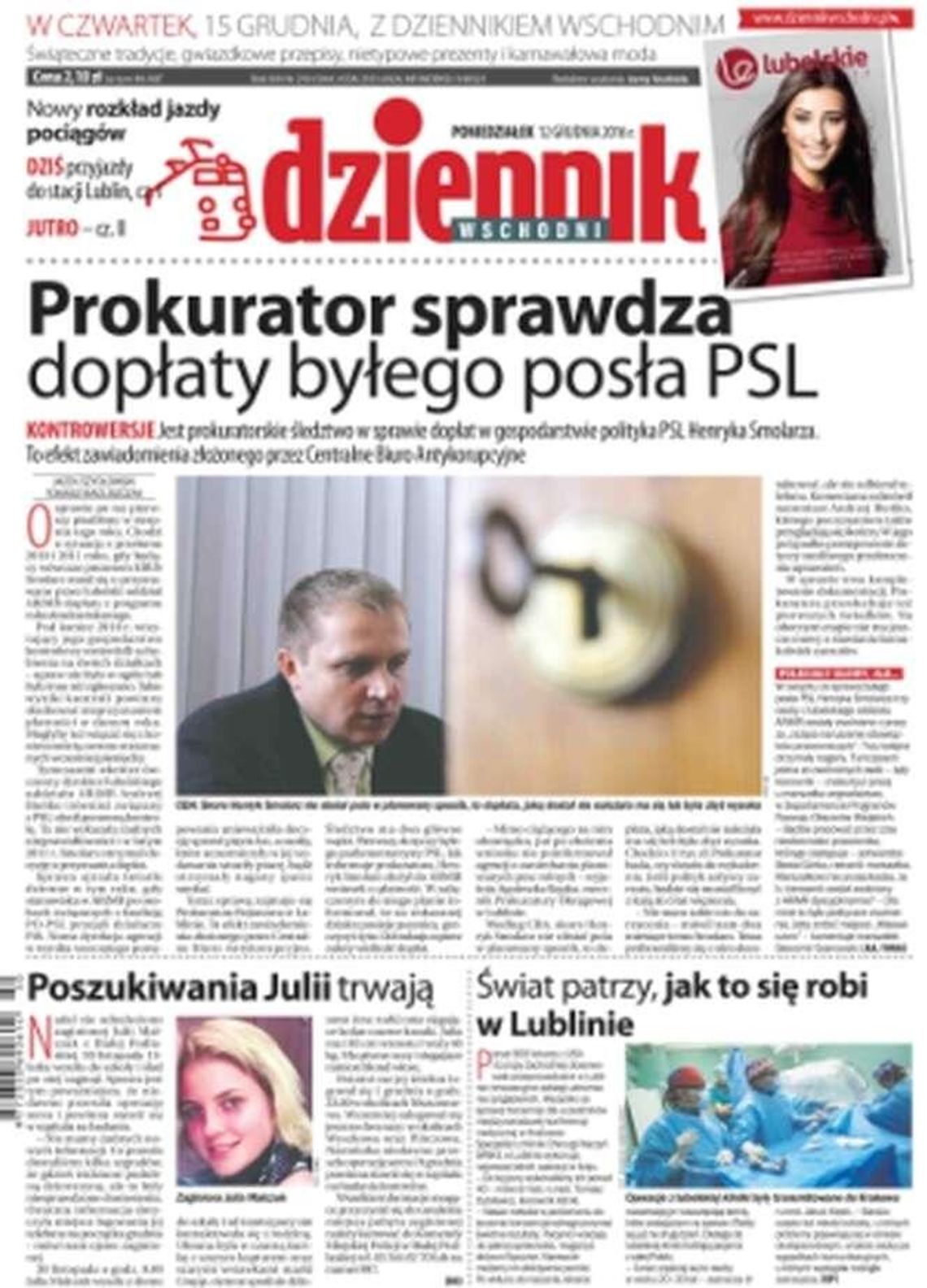 Pierwsza strona Dziennika Wschodniego z 12 grudnia 2016