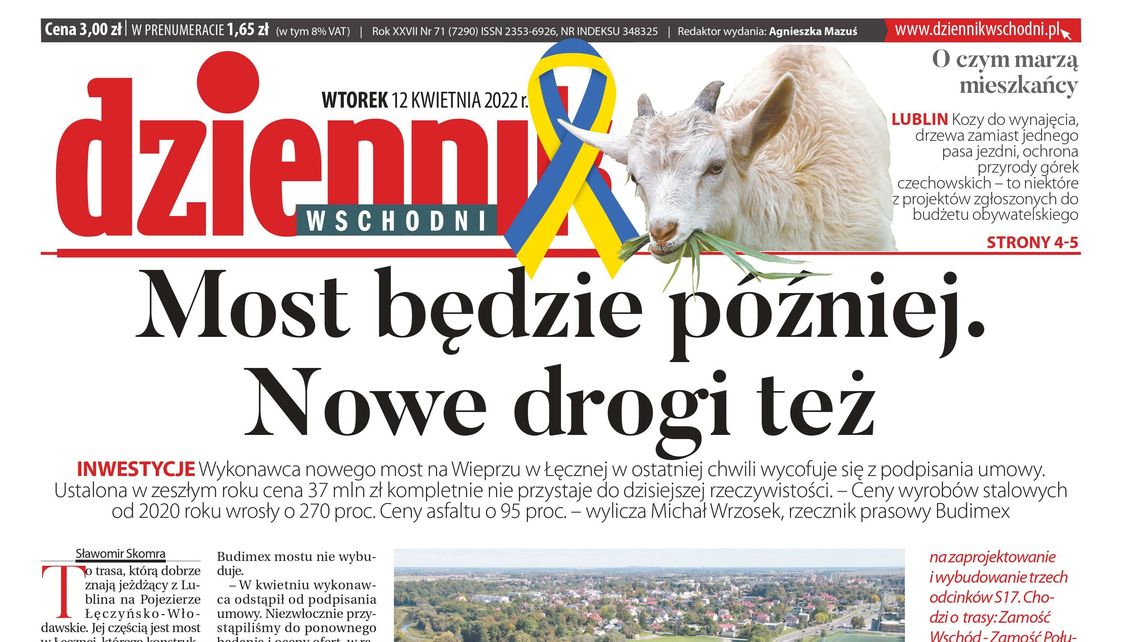  Pierwsza strona Dziennika Wschodniego z 12 kwietnia 2022 roku 