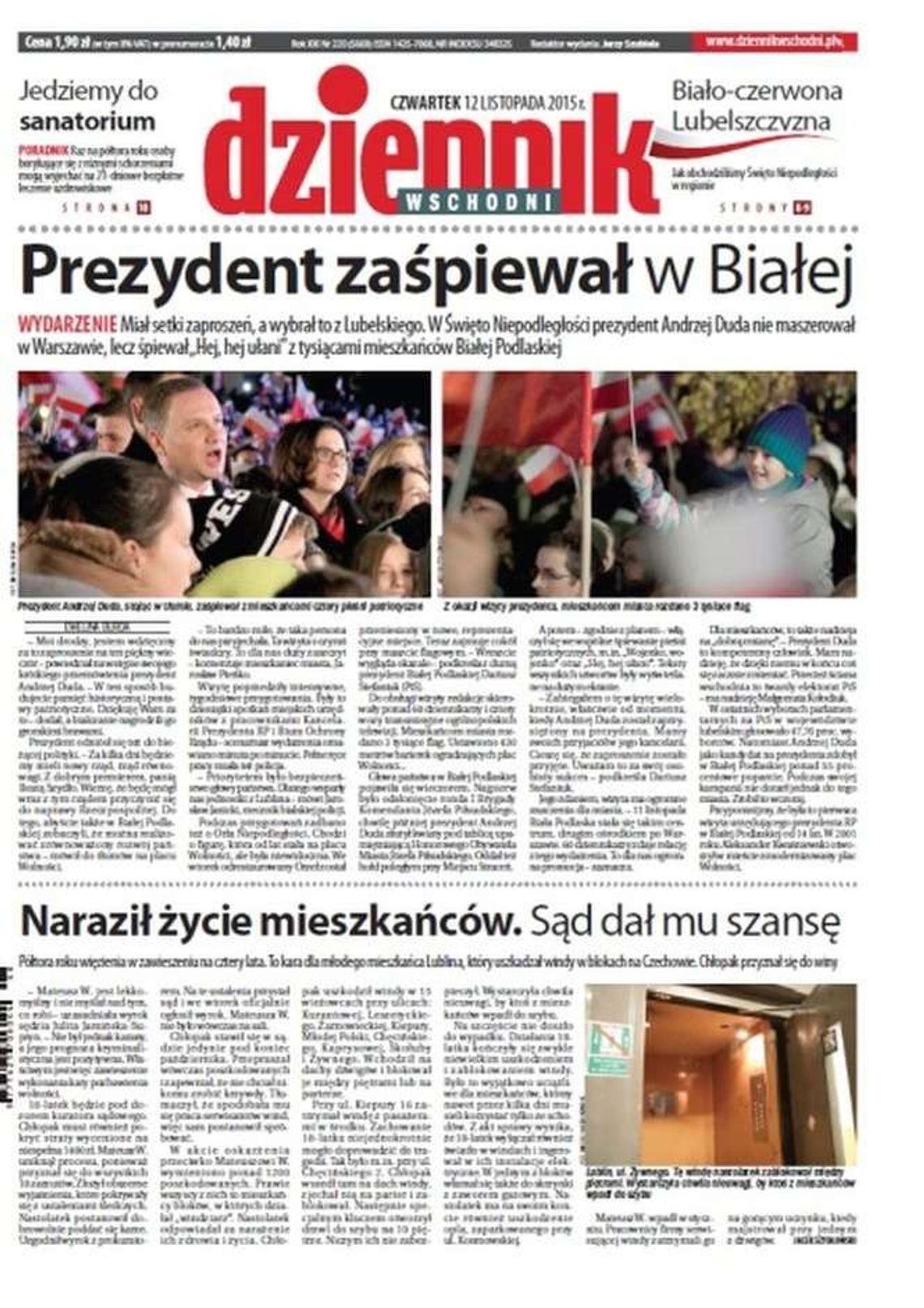 Pierwsza strona Dziennika Wschodniego z 12 listopada 2015 roku