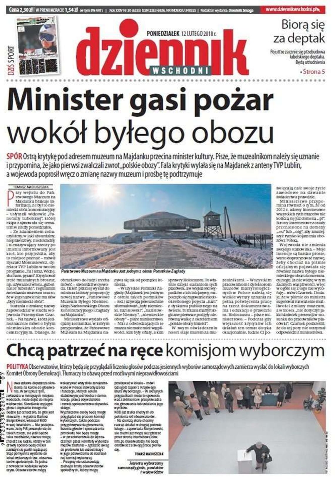 Pierwsza strona Dziennika Wschodniego z 12 lutego 2018 roku