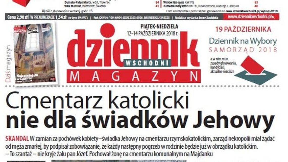 Pierwsza strona Dziennika Wschodniego z 12 października 2018 roku