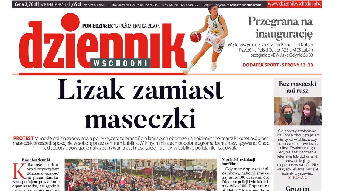 Pierwsza strona Dziennika Wschodniego z 12 października 2020 r.